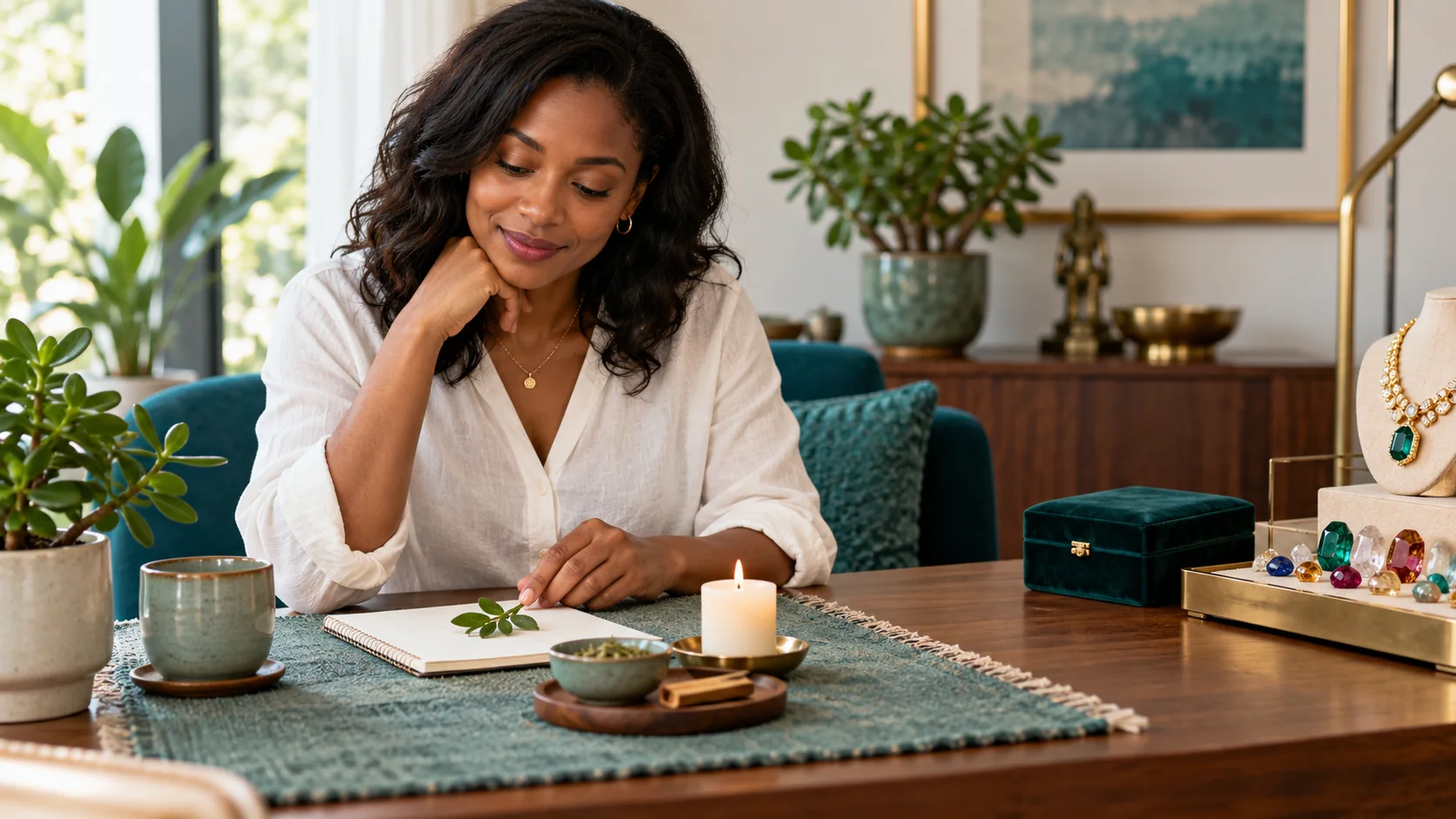 A woman choosing a simple reflective practice instead of expensive gemstone products