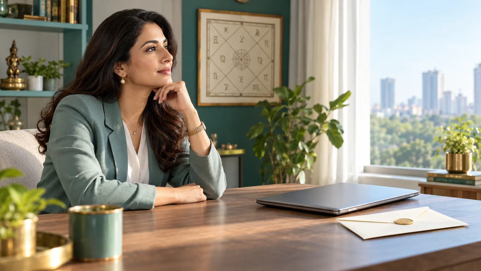 A professional woman thoughtfully considering a new career opportunity beside a laptop and offer envelope