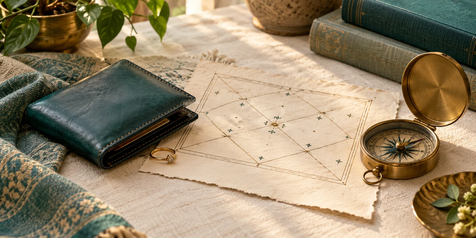 A wallet, ring and brass compass beside a traditional Vedic astrology chart