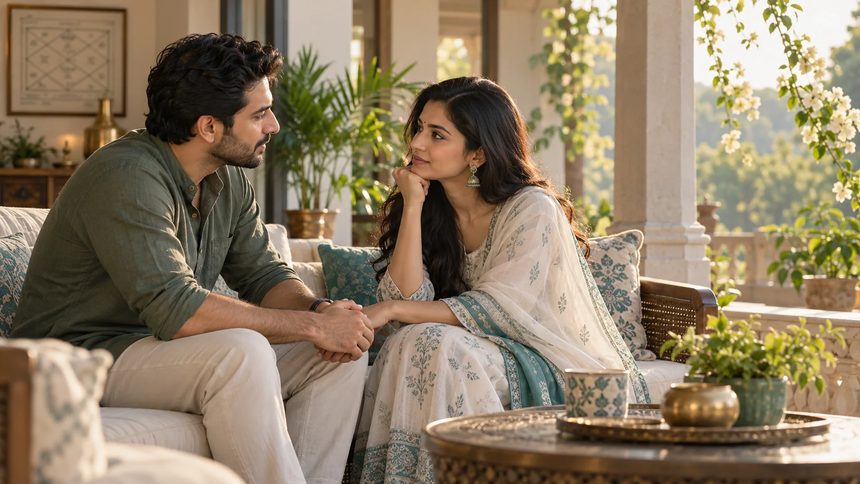 A couple having a thoughtful conversation about their future together