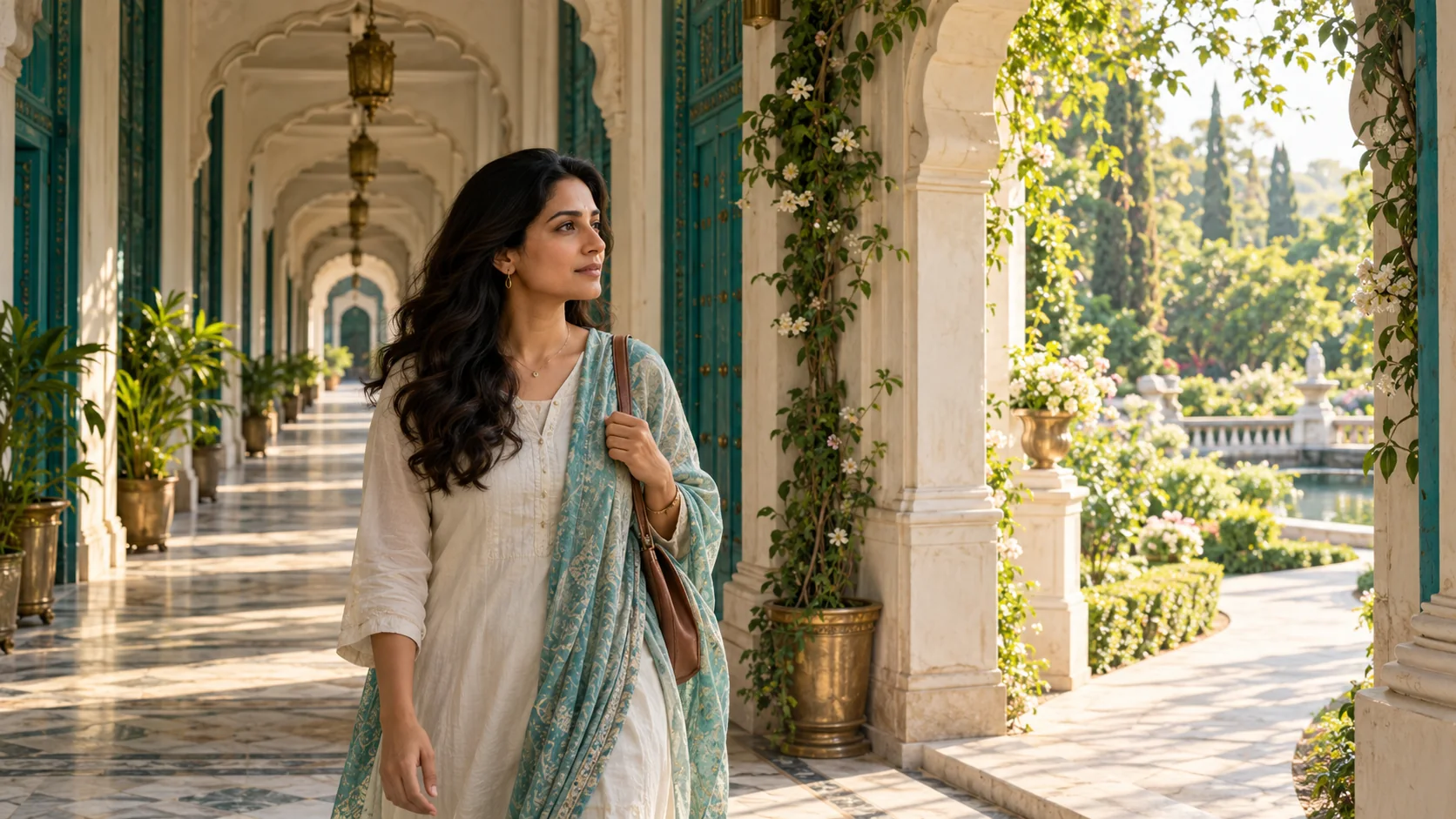 A woman recognizing a new path beyond a series of repeating archways