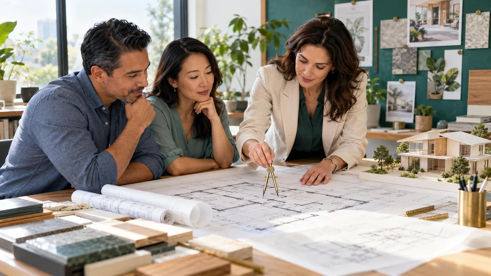 A diverse couple reviewing a residential floor plan with an architect